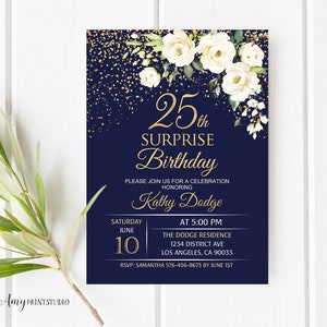 25th Birthday Invitation, Navy Gold Birthday Invitation, Floral Women Birthday Invitation, Blue and Gold, PERSONALIZED, Digital file, #W141