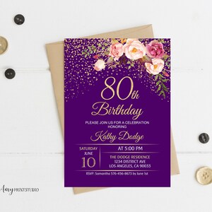 80th Birthday Invitation, Purple Floral Birthday Invitation, Any Age Birthday Invite, Purple Invite, PERSONALIZED, Digital file, #W107