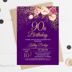 90. Geburtstagseinladung, lila Blumengeburtstagseinladung, jedes Alter Geburtstag einladen, lila einladen, PERSONALISIERT, digitale Datei, #W107