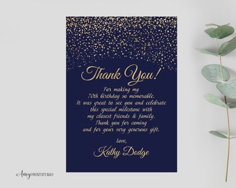 Thanks-Card, Navy Gold Birthday, Blue and Gold Thank You Card, PERSONALIZED, Digital file, #W48