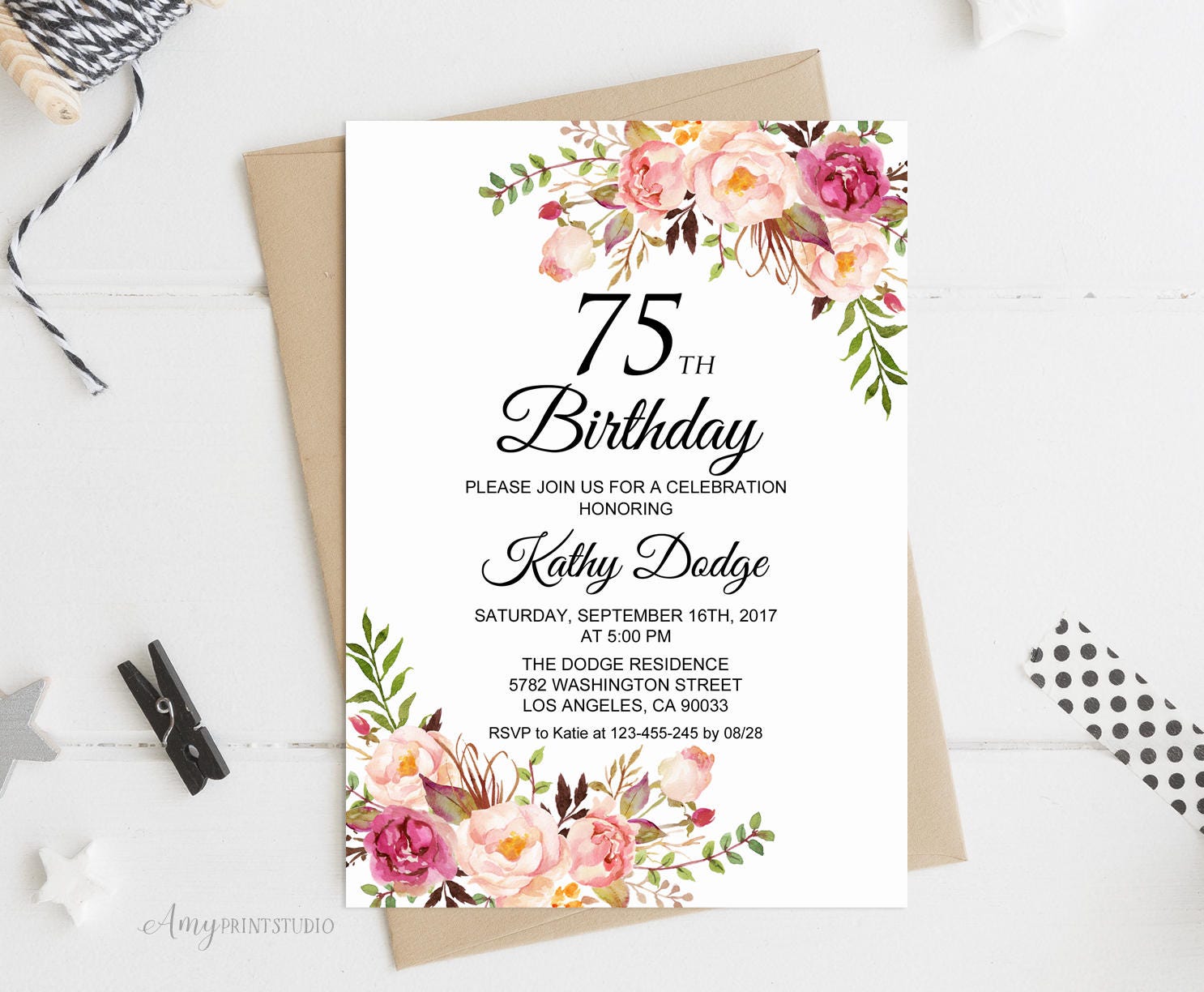 75th Birthday Invitation Floral Women Birthday Invitation | Etsy