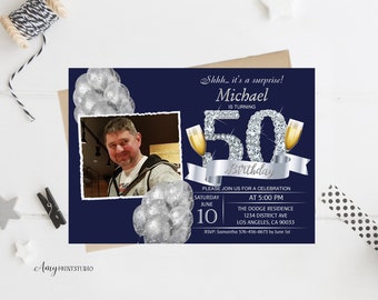 50th Birthday Invitation, Man Birthday Invitation, Silver Birthday Invite, PERSONALIZED, Any Age, Digital file, #M06