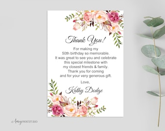 Thanks-Card, Floral Women Birthday Thank You Card, Floral Birthday, PERSONALIZED, Digital file, #W02