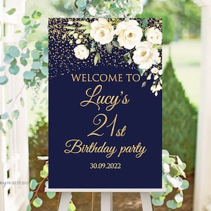 Welcome Birthday Sign, Welcome sign, Navy Gold Birthday Welcome Sign, Floral Welcome Sign, Any Age, PERSONALIZED, Digital file, #W141