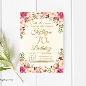 70th Birthday Invitation, Floral Cream Birthday Invitation, Any Age Birthday Invite, PERSONALIZED, Digital file, #W06