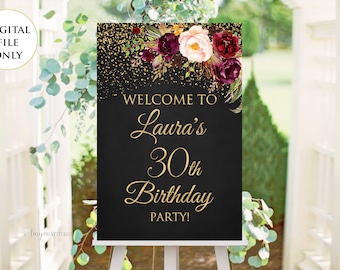 Welcome Birthday Sign, Welcome sign, Chalkboard Birthday Welcome Sign, Floral Welcome Sign, Any Age, PERSONALIZED, Digital file, #W114