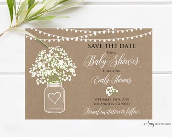 Save the Date, Baby Shower Save the Date, Rustic Baby Shower Save the Date, Baby's Breath, PERSONALIZADO, Archivo digital, #S18