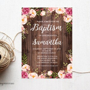 Floral Baptism Invitation, Floral invitation, Floral invite, Floral Wood, Baptism Invitation, PERSONALIZED, Digital file, BP04