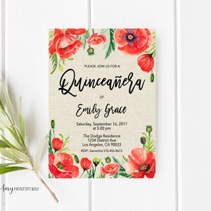 Quinceañera Invitation, Red Poppy Birthday Invitation, Quinceanera Birthday Invitation, Poppies Invitation, PERSONALIZED, Digital file, #K17
