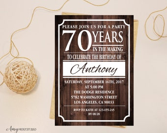 70th Birthday Invitation, Man Birthday Invitation, Rustic Birthday Invite, PERSONALIZED, Any Age, Digital file, #M04