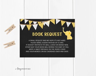 Bring a Book Instead of a Card, Book Request, Gray Baby Shower, Yellow Elephant, INSTANT DOWNLOAD, Digital file, #A08