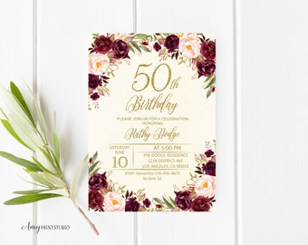 50th Birthday Invitation, Floral Cream Burgundy Birthday Invitation, Any Age Birthday Invite, PERSONALIZED, Digital file, #W37