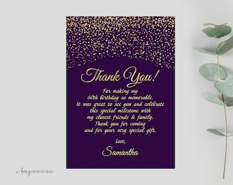 Thanks-Card, Purple Gold Birthday, Purple and Gold Thank You Card, PERSONALIZED, Digital file, #W17
