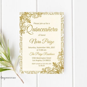 Quinceañera Birthday Invitation, 15th Birthday Invitation, Quinceanera Birthday Invite, Gold Invitation, PERSONALIZED, Digital file, #K28