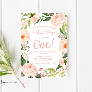 1st Birthday Invitation, Floral First Birthday Invitation, Girl Birthday Invitation, Floral Invite, PERSONALIZED, Digital file, #K11