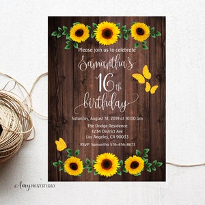 16th Birthday Invitation, Sunflower Birthday Invitation, Floral Wood Invitation, Rustic Invitation, PERSONALIZED, Digital file, #W234