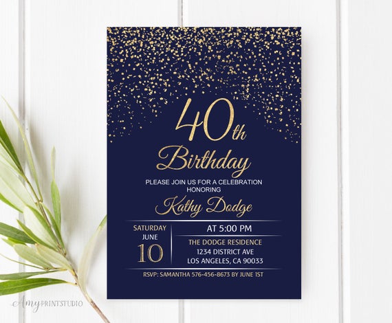 40th Birthday Invitation Navy Gold Birthday Invitation Blue Etsy