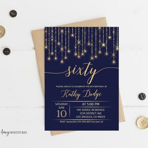 60th Birthday Invitation, Navy Gold Birthday Invitation, Blue and Gold Birthday Invite, PERSONALIZED, Digital file, #W94