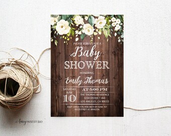 Baby Shower Invitation, Floral Baby Shower Invite, Wood Baby Shower Invite, PERSONALIZED, Digital file, #A49