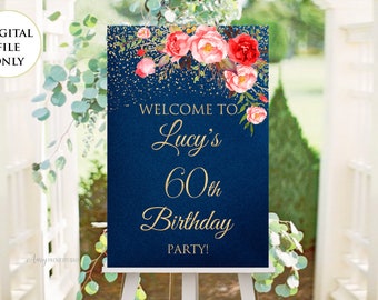 Welcome Birthday Sign, Welcome sign Printable, Birthday Welcome Sign, Floral Welcome Sign, Any Age, PERSONALIZED, Digital file, #W185