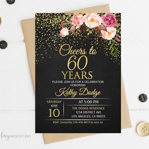 Cheers to 60 Years Invitation, Floral Women Birthday Invitation, Chalkboard Birthday Invite, PERSONALIZED, Digital file, #W16