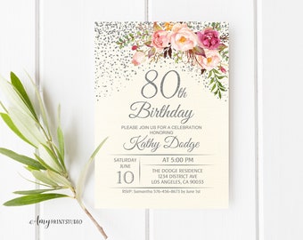 Puede incluir: Una tarjeta de invitación de color crema con purpurina plateada y detalles florales rosas. El texto dice "80 cumpleaños" y "Por favor, únase a nosotros para una celebración en honor a Kathy Dodge". La fecha es el sábado 10 de junio a las 5:00 PM. La ubicación es The Dodge Residence, 1234 District Ave, Los Angeles, CA 90033. RSVP a Samantha 576-456-8673 antes del 1 de junio.