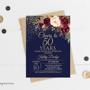 Cheers to 50 Years Invitation, Floral Women Birthday Invitation, Navy Birthday Invite, PERSONALIZED, Digital file, #W36