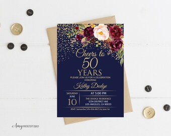 Cheers to 50 Years Invitation, Floral Women Birthday Invitation, Navy Birthday Invite, PERSONALIZED, Digital file, #W36