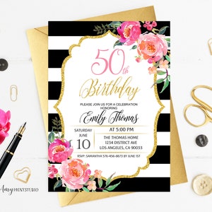 50th Birthday Invitation, Floral Women Birthday Invitation, Any Age Women Birthday Invite, PERSONALIZED, Digital file, #W90