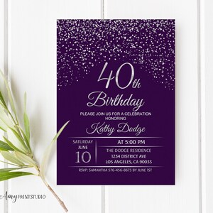 40th Birthday Invitation, Purple Silver Birthday Invitation, Purple and Silver Birthday Invite, PERSONALIZED, Digital file, #W73