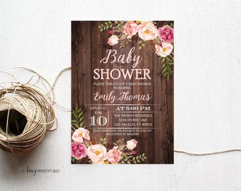 Baby Shower Invitation, Floral Baby Shower Invite, Wood Baby Shower Invite, PERSONALIZED, Digital file, #A19