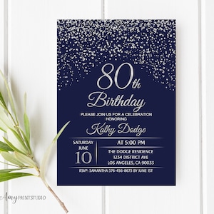 80th Birthday Invitation, Navy Silver Birthday Invitation, Blue and Silver Birthday Invite, PERSONALIZED, Digital file, #W50