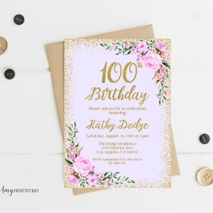 100. Geburtstagseinladung, Lila Blumen Geburtstagseinladung, jedes Alter Geburtstagseinladung, lila Invite, PERSONALISIERT, digitale Datei, #W61