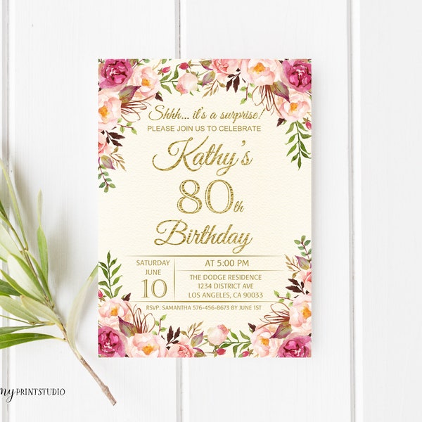 80th Birthday Invitation, Floral Cream Birthday Invitation, Any Age Birthday Invite, PERSONALIZED, Digital file, #W06