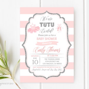 Tutu Baby Shower Einladung, Ballerina Baby Shower Einladungen, Blush Pink und Silber Einladung, PERSONALISIERT, Digitale Datei, #A21
