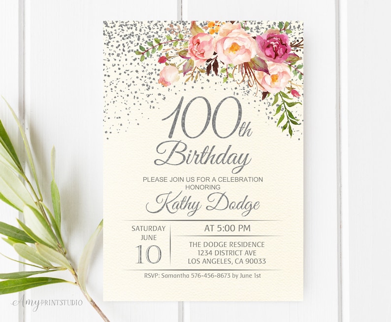 100th Birthday Invitation Floral Ivory Birthday Invitation Etsy