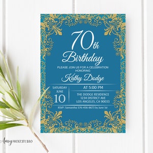 70th Birthday Invitation, Blue and Gold Birthday Invitation, Gold Birthday Invite, PERSONALIZED, Digital file, #W175