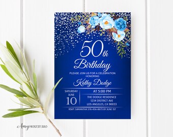 50th Birthday Invitation, Floral Invitation, Navy Birthday Invitation, Blue and White Birthday Invite, PERSONALIZED, Digital file, #W59