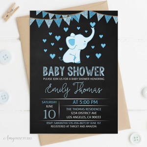 Elephant Baby Shower Invitation, Chalkboard Baby Shower Invitation, Blue Elephant Invite, PERSONALIZED, Digital file, #A06