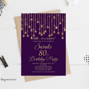 80th Birthday Invitation, Purple Birthday Invite, Purple and Gold Birthday Invite, Any age, PERSONALIZED, Digital file, #W210