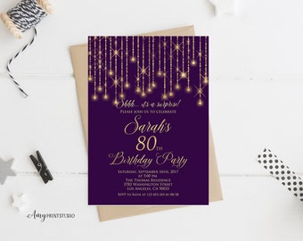 80th Birthday Invitation, Purple Birthday Invite, Purple and Gold Birthday Invite, Any age, PERSONALIZED, Digital file, #W210