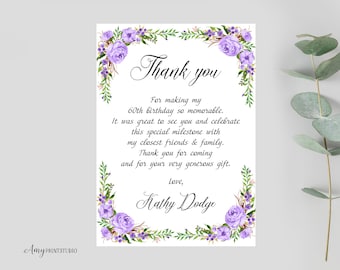 Thanks-Card, Floral Women Birthday Thank You Card, Purple Birthday, PERSONALIZED, Digital file, #W245