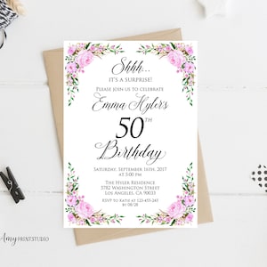 50. Geburtstagseinladung, lila Blumengeburtstagseinladung, Geburtstag für jedes Alter, lila einladen, PERSONALISIERT, digitale Datei, #W63