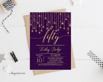 50th Birthday Invitation, Purple Birthday Invite, Purple and Gold Birthday Invite, Any age, PERSONALIZED, Digital file, #W14