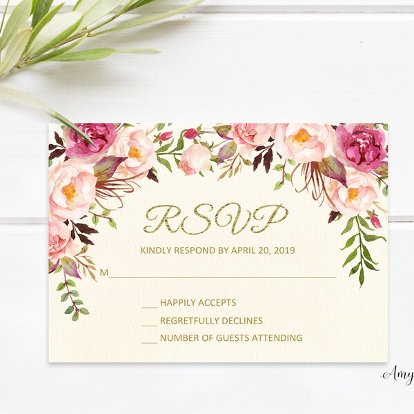 RSVP Cards, Floral Invitation, Birthday Invitation, Women Birthday Invitation, PERSONALIZED, Digital file, #W06