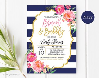 Brunch and Bubbly Bridal Shower Invitation, Floral Navy Bridal Shower Invitations, Striped Bridal Shower, PERSONALIZED, Digital file, #D15