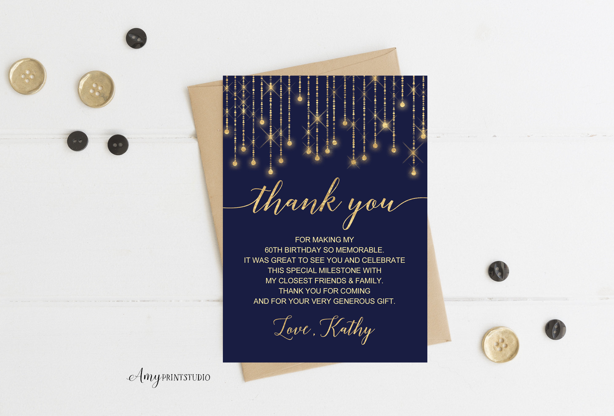 Thanks-card Navy Gold Birthday Blue and Gold Thank You Card - Etsy