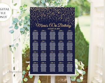 Birthday Seating Chart, Printable Birthday Reception Sign, Navy Gold Birthday Seating Chart, PERSONALIZED, Digital file, #W48