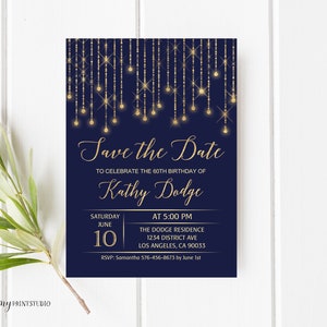 Save the Date, Birthday Save the Date, Navy Gold Save the Date, PERSONALIZED, Digital file, #S94