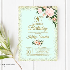 90th Birthday Invitation, Floral Birthday Invitation, Any Age Surprise Birthday Invite, Mint Invitetion, PERSONALIZED, Digital file, #W32